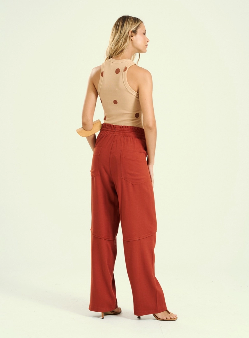Calça Feminina Wide Leg Com Elástico E Amarração Marrom 2