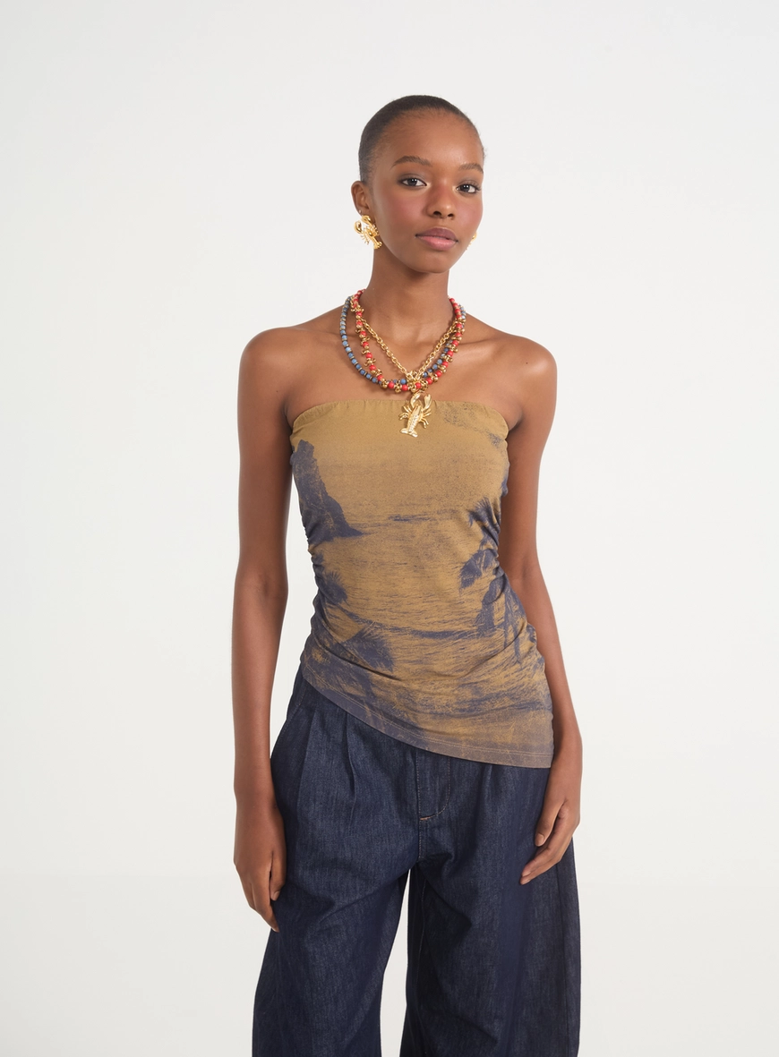 Blusa Feminina Tomara Que Caia Com Estampa E Barra