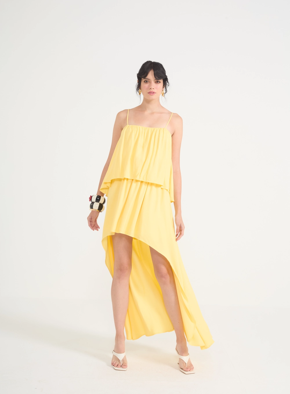 Vestido Feminino Com Alças Finas E Barra Mullet Amarelo
