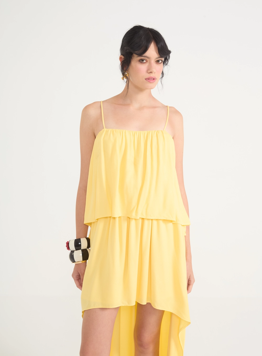 Vestido Feminino Com Alças Finas E Barra Mullet Amarelo