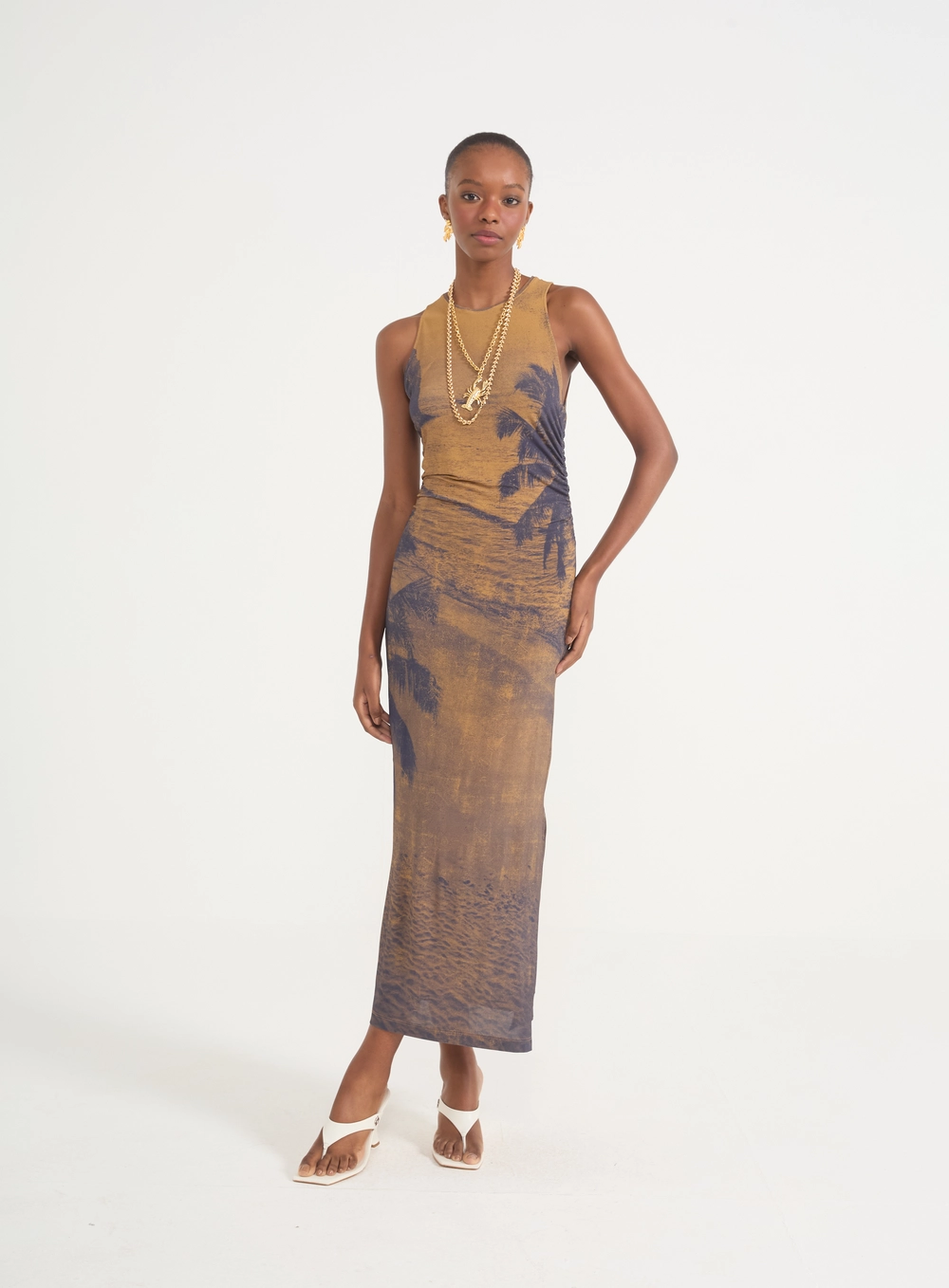 Vestido Midi Com Estampa E Franzidos Estampados