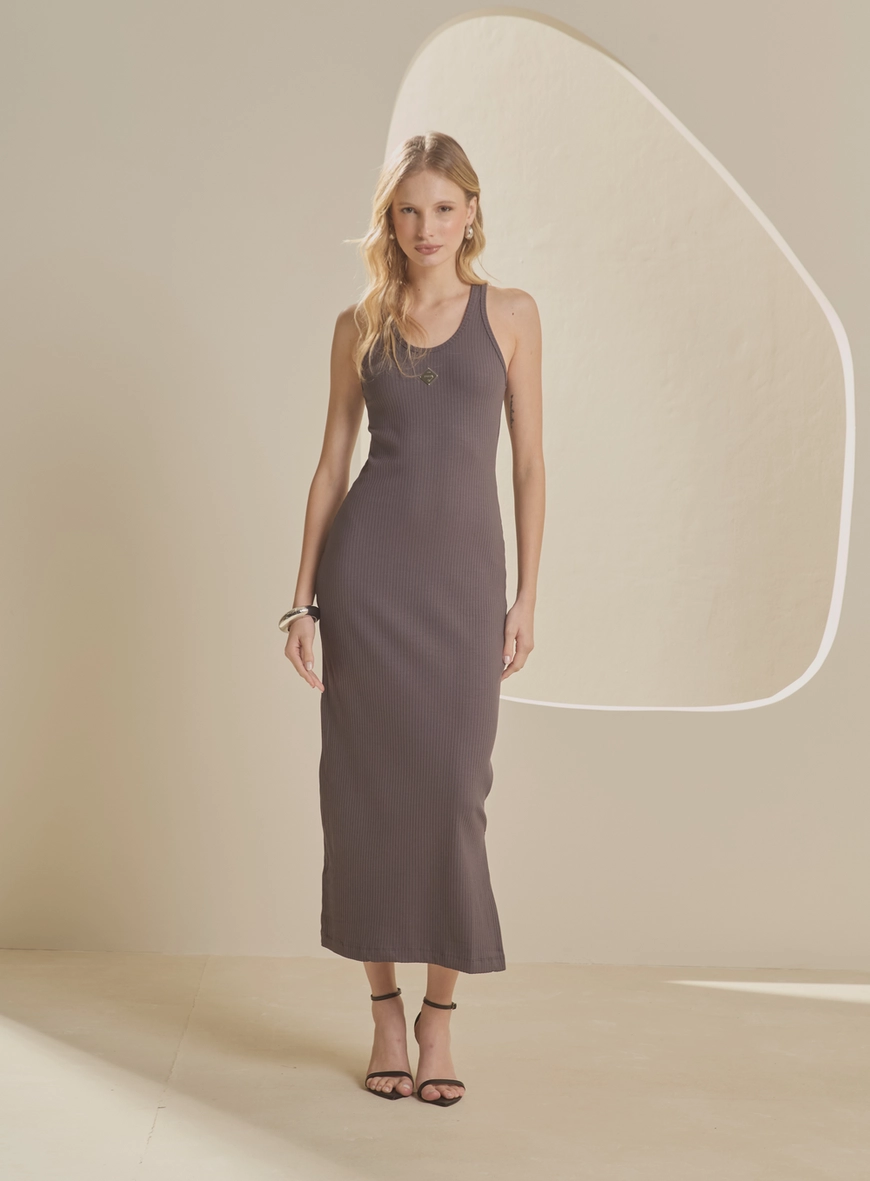 Vestido Midi Canelado Cinza
