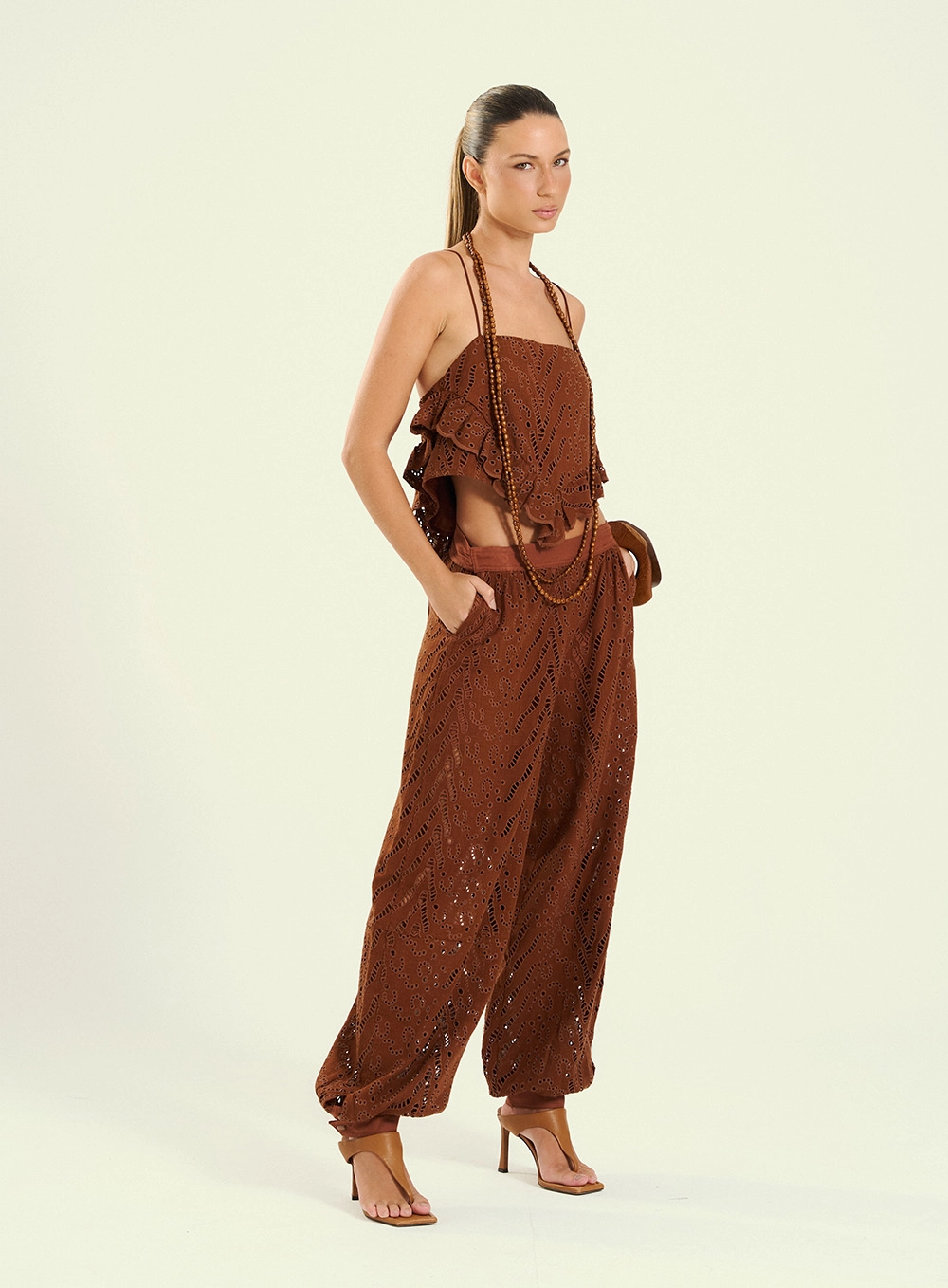 Calça Feminina Pantalona Em Laise Marrom 1