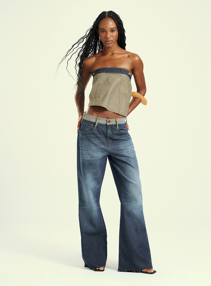 Calça Feminina Pantalona Jeans Duo Color Azul 1