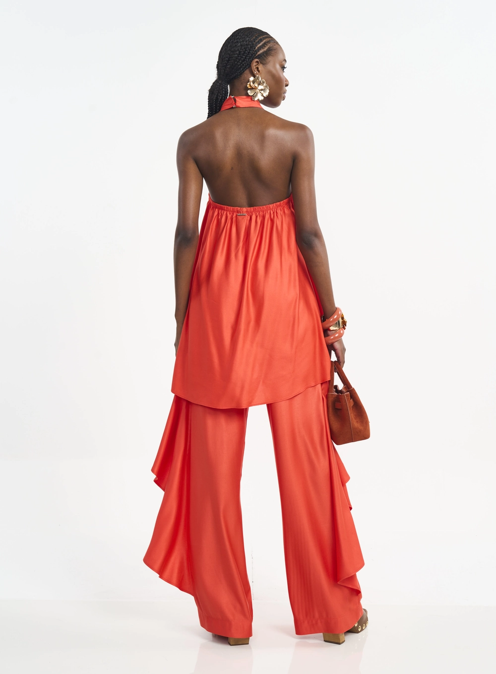 Calça Feminina Pantalona Com Babados Laterais Laranja