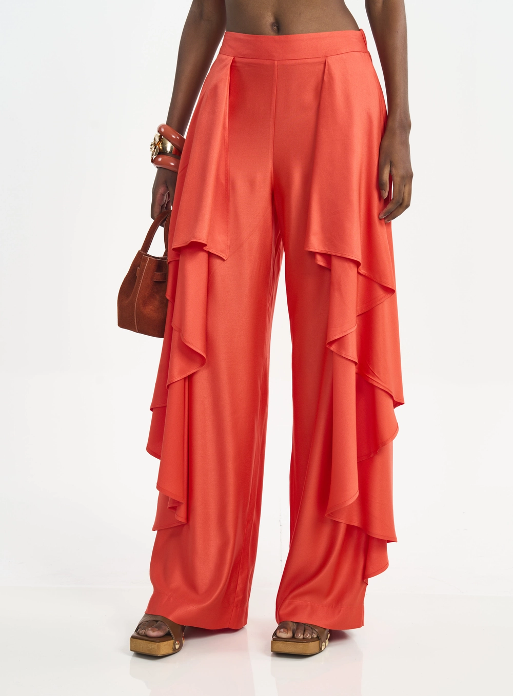 Calça Feminina Pantalona Com Babados Laterais Laranja
