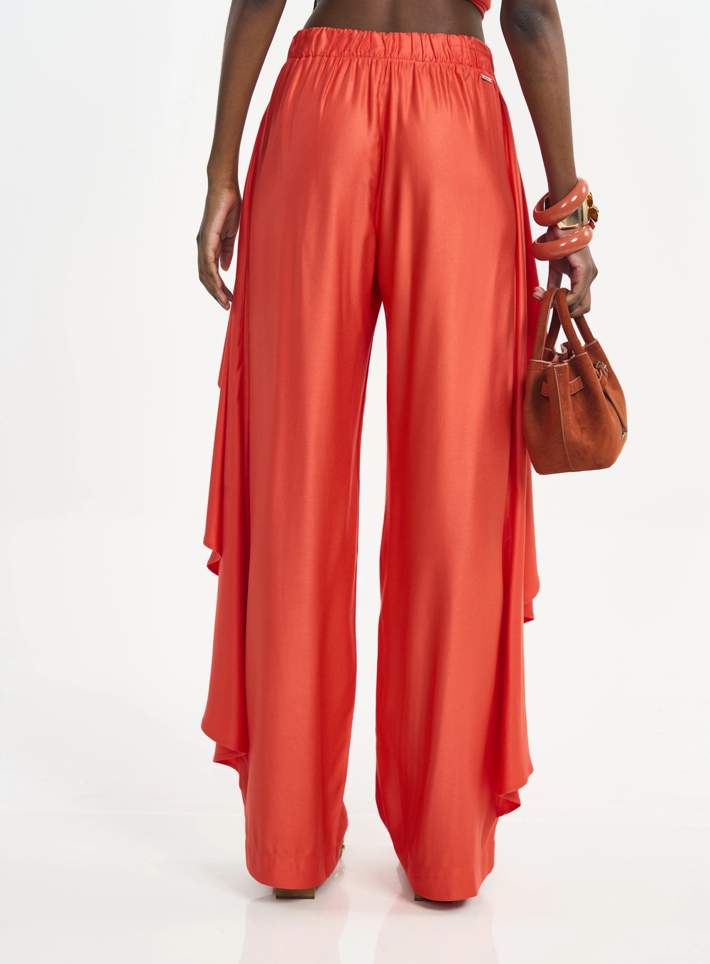 Calça Feminina Pantalona Com Babados Laterais Laranja