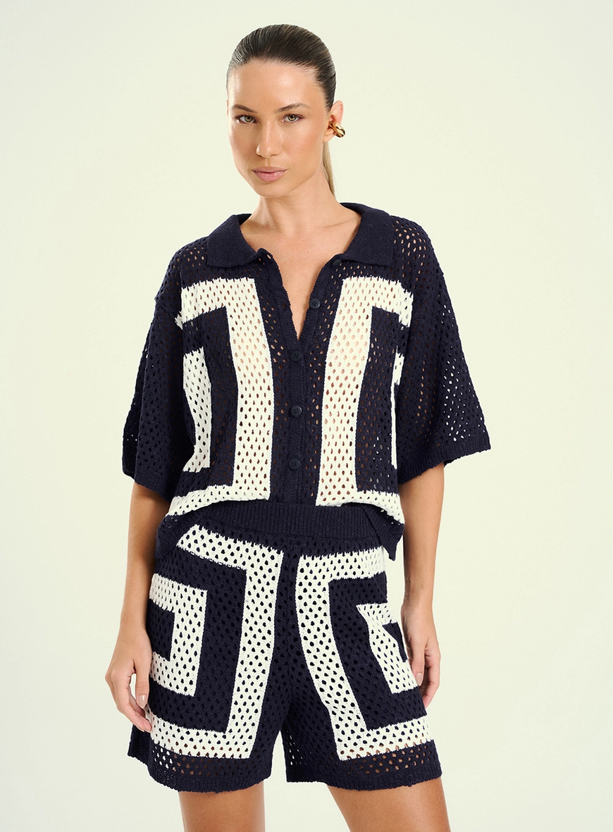 Short Feminino Tricô Cintura Alta Estampado Preto 1