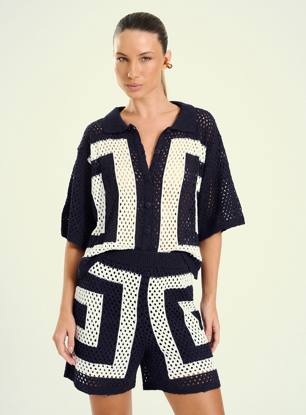 Short Feminino Tricô Cintura Alta Estampado Preto 1