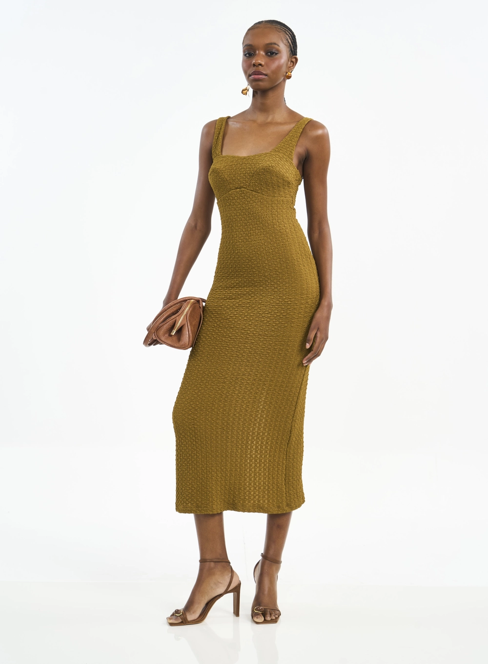Vestido Midi Com Decote Quadrado E Textura Marrom
