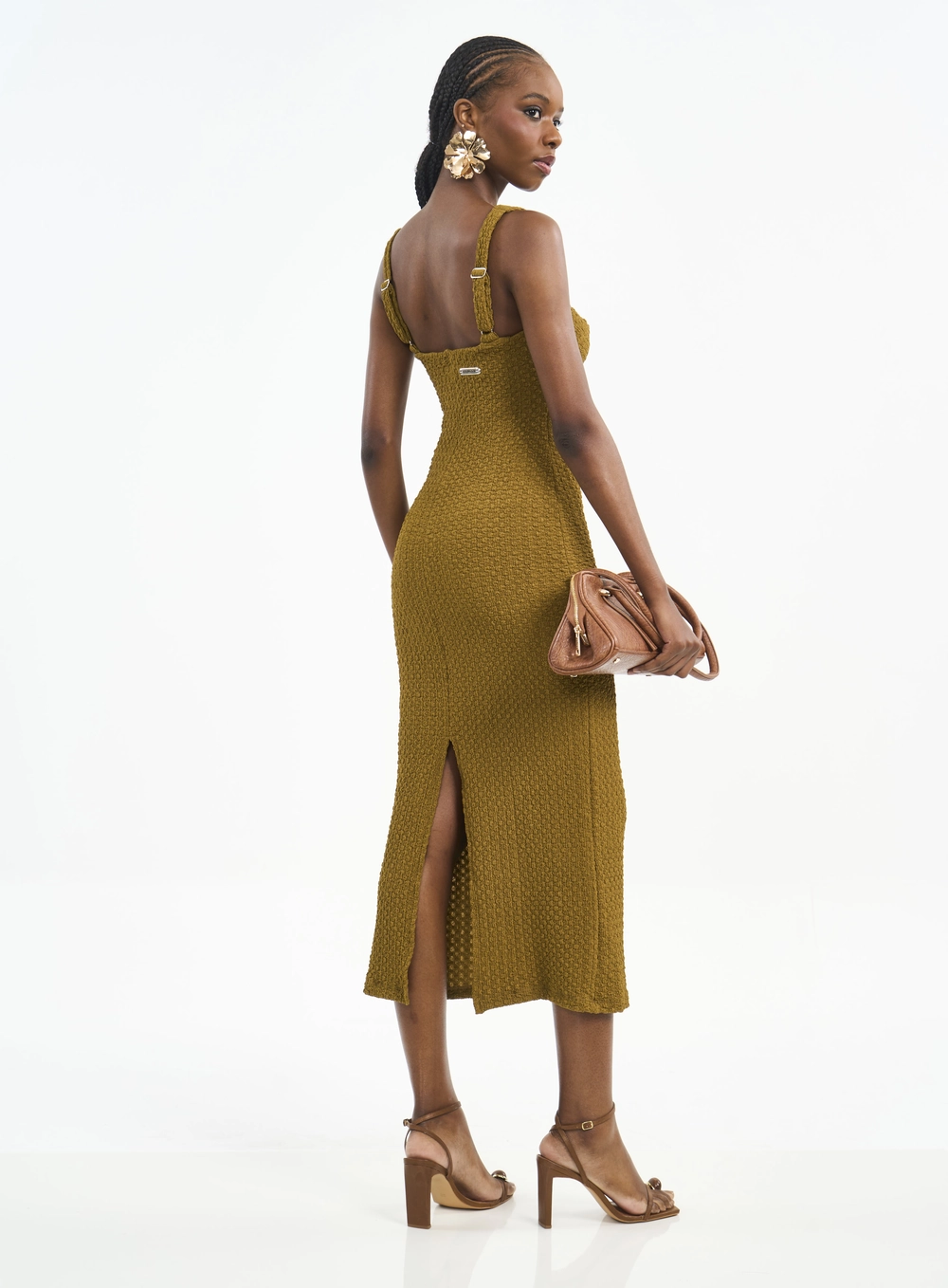 Vestido Midi Com Decote Quadrado E Textura Marrom