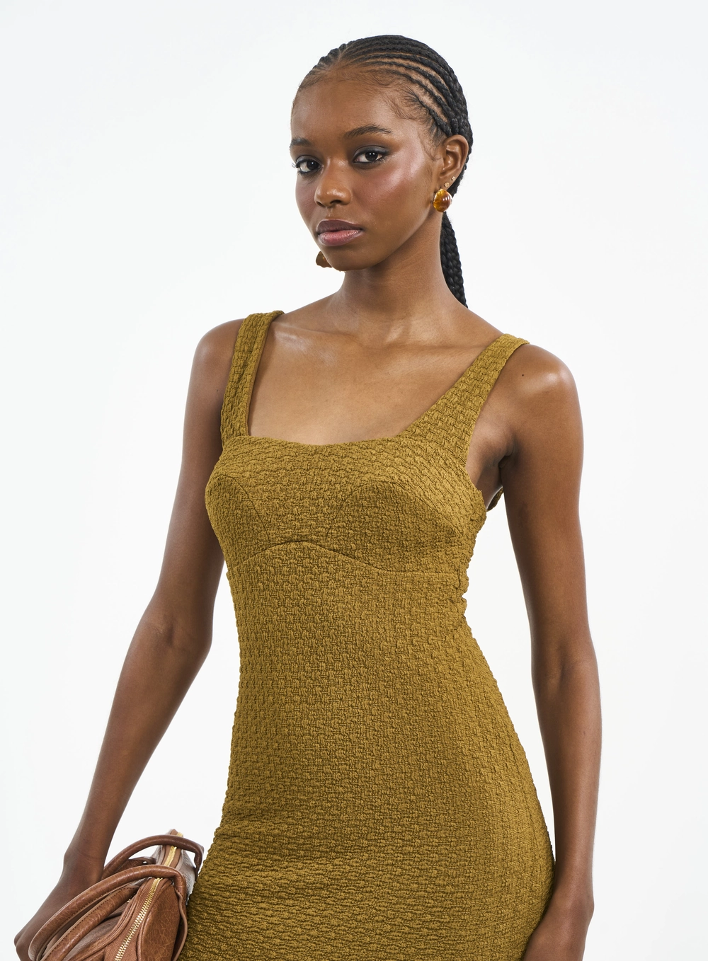 Vestido Midi Com Decote Quadrado E Textura Marrom