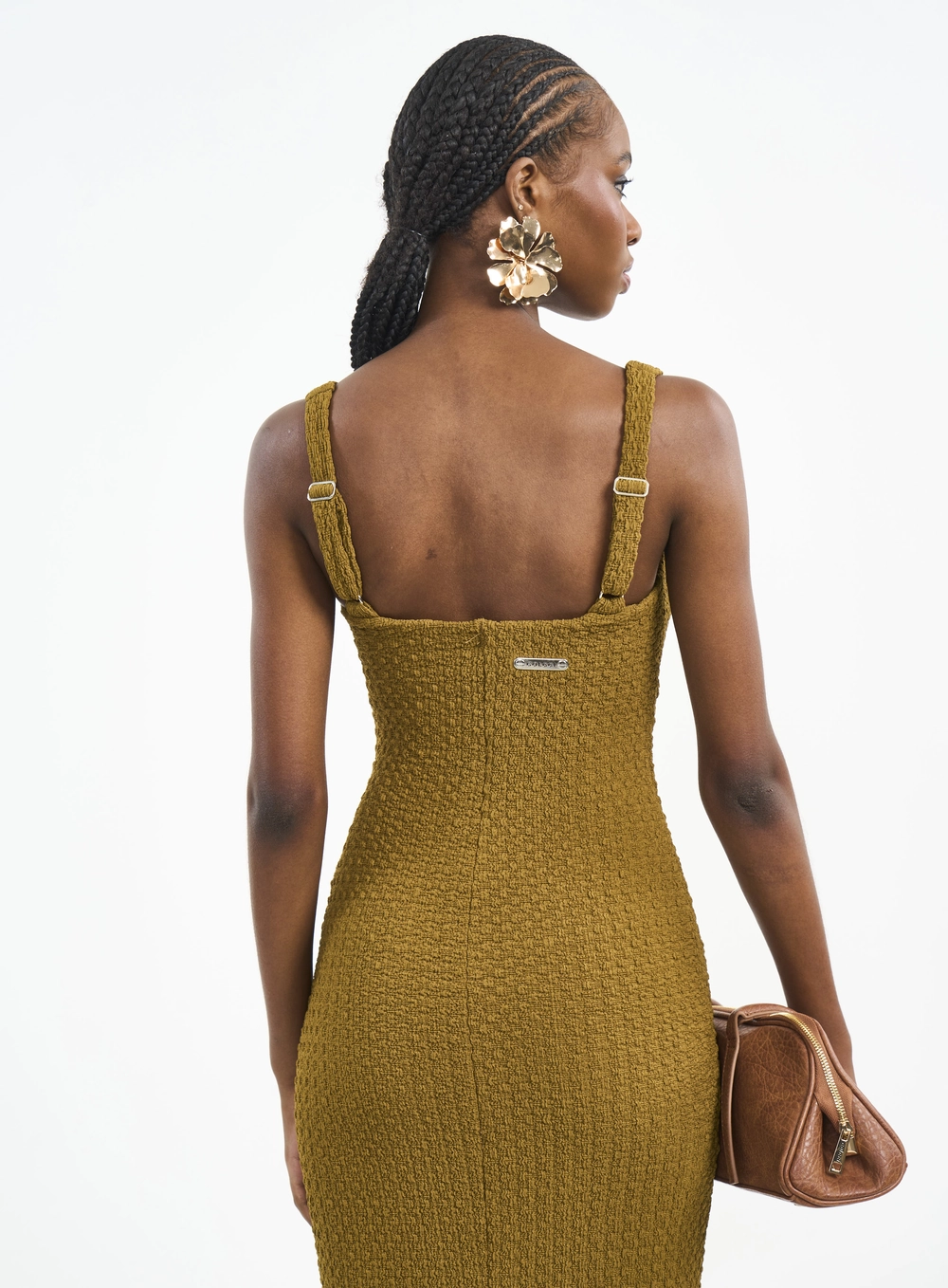 Vestido Midi Com Decote Quadrado E Textura Marrom