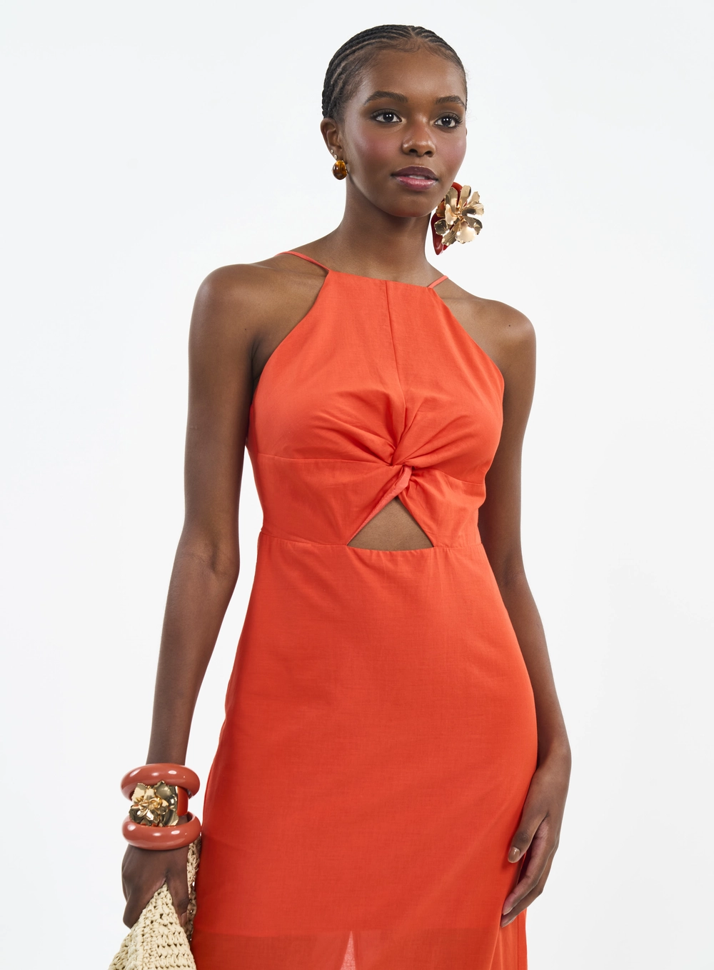 Vestido Midi Com Torção E Bordado Laranja