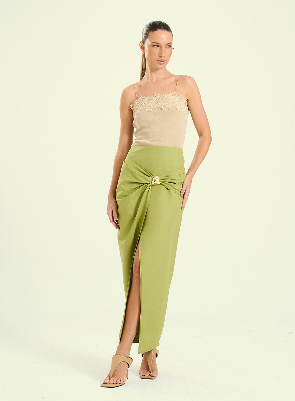 Saia Midi Linho Com Argola Verde 1
