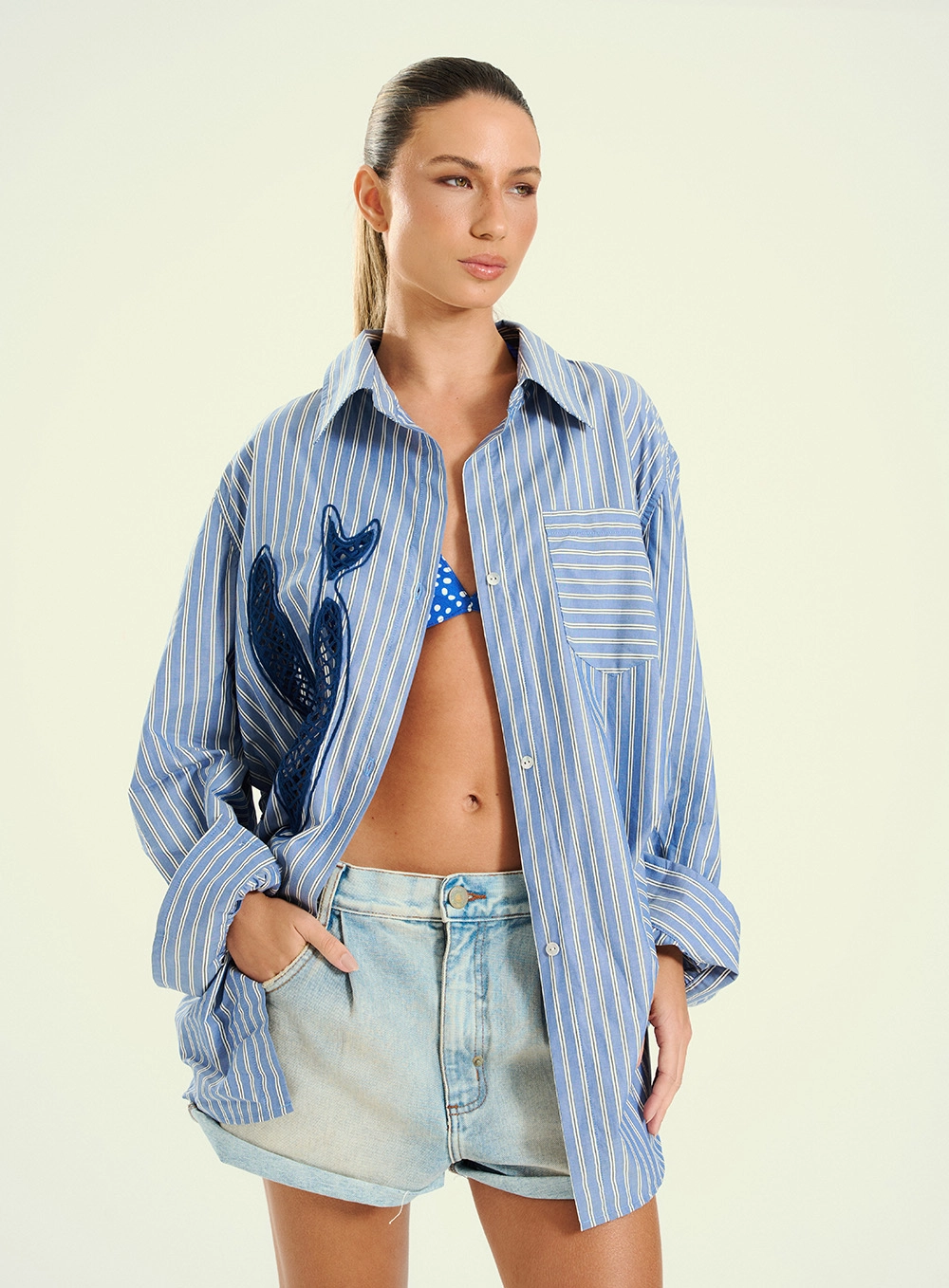 Camisa Feminina Listrada Com Bordado Azul 1