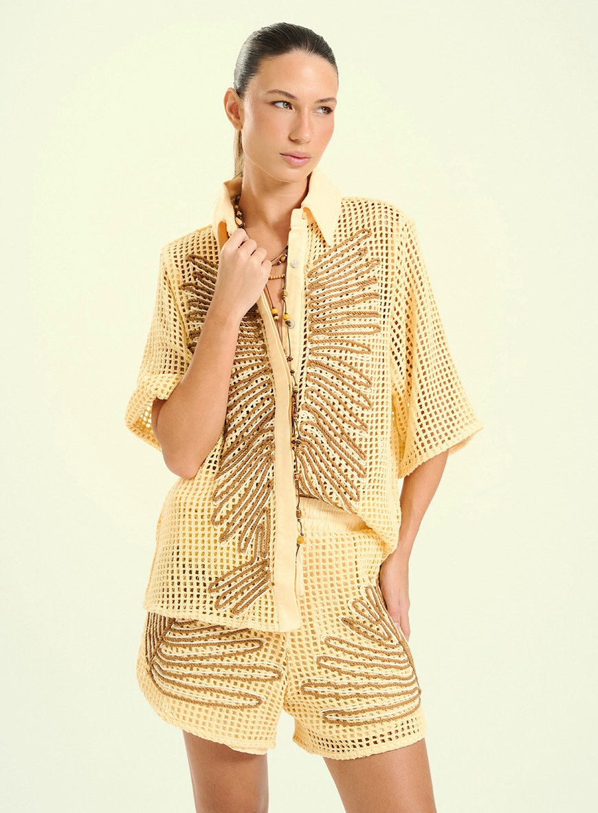Camisa Feminina Em Tela Com Bordados Amarelo 1