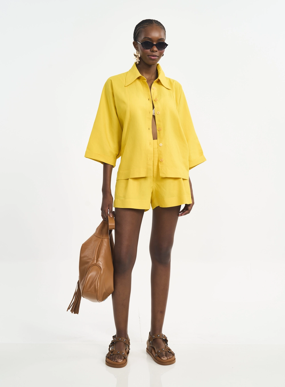 Camisa Feminina De Linho Com Mangas Amplas Amarelo