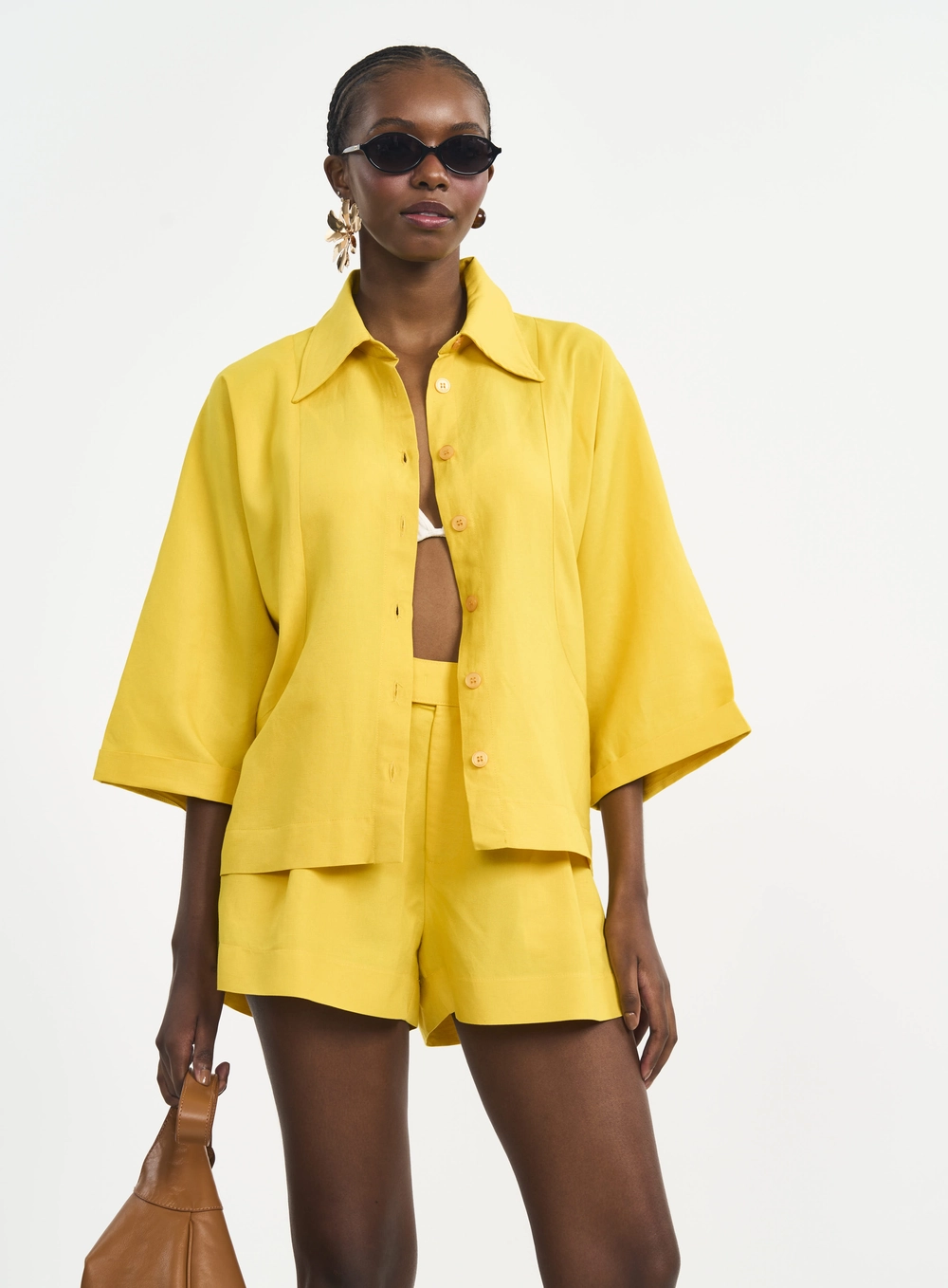 Camisa Feminina De Linho Com Mangas Amplas Amarelo