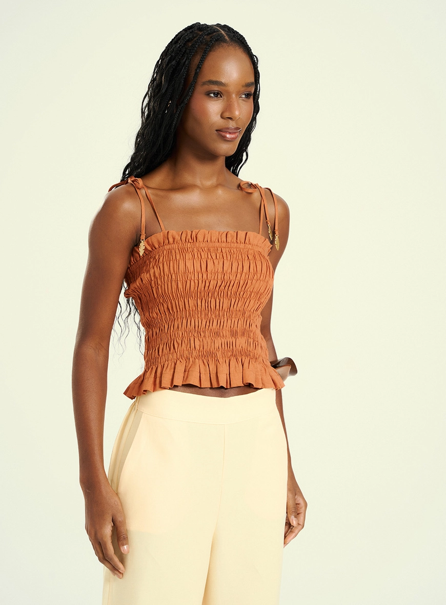 Blusa Feminina Em Lastex Com Alças De Amarração Marrom 1