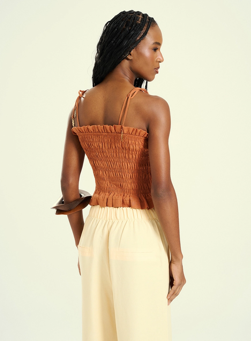 Blusa Feminina Em Lastex Com Alças De Amarração Marrom 2
