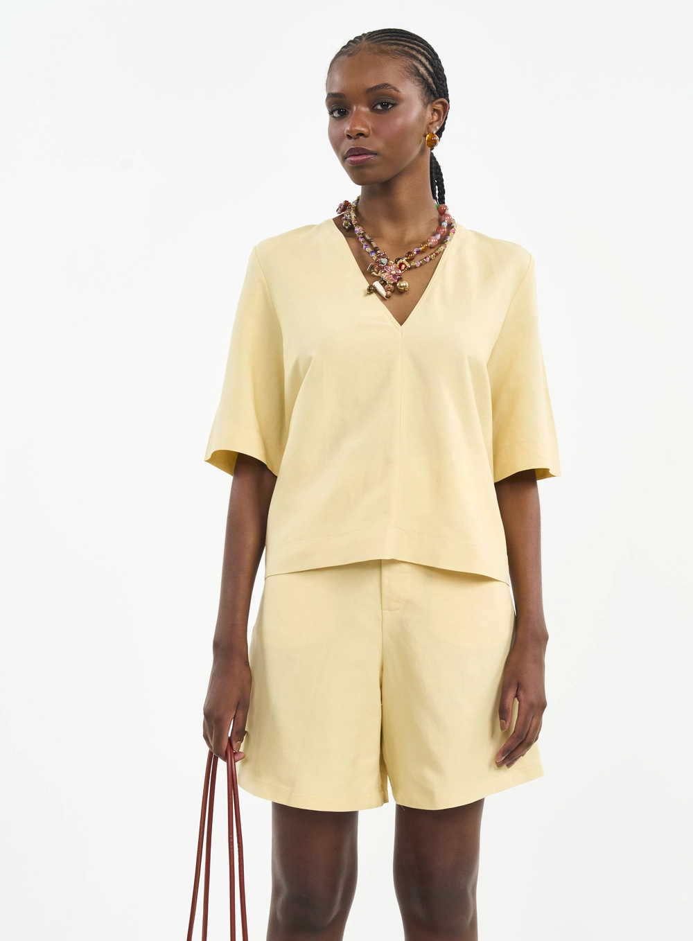 Blusa De Linho Com Decote V Amarelo