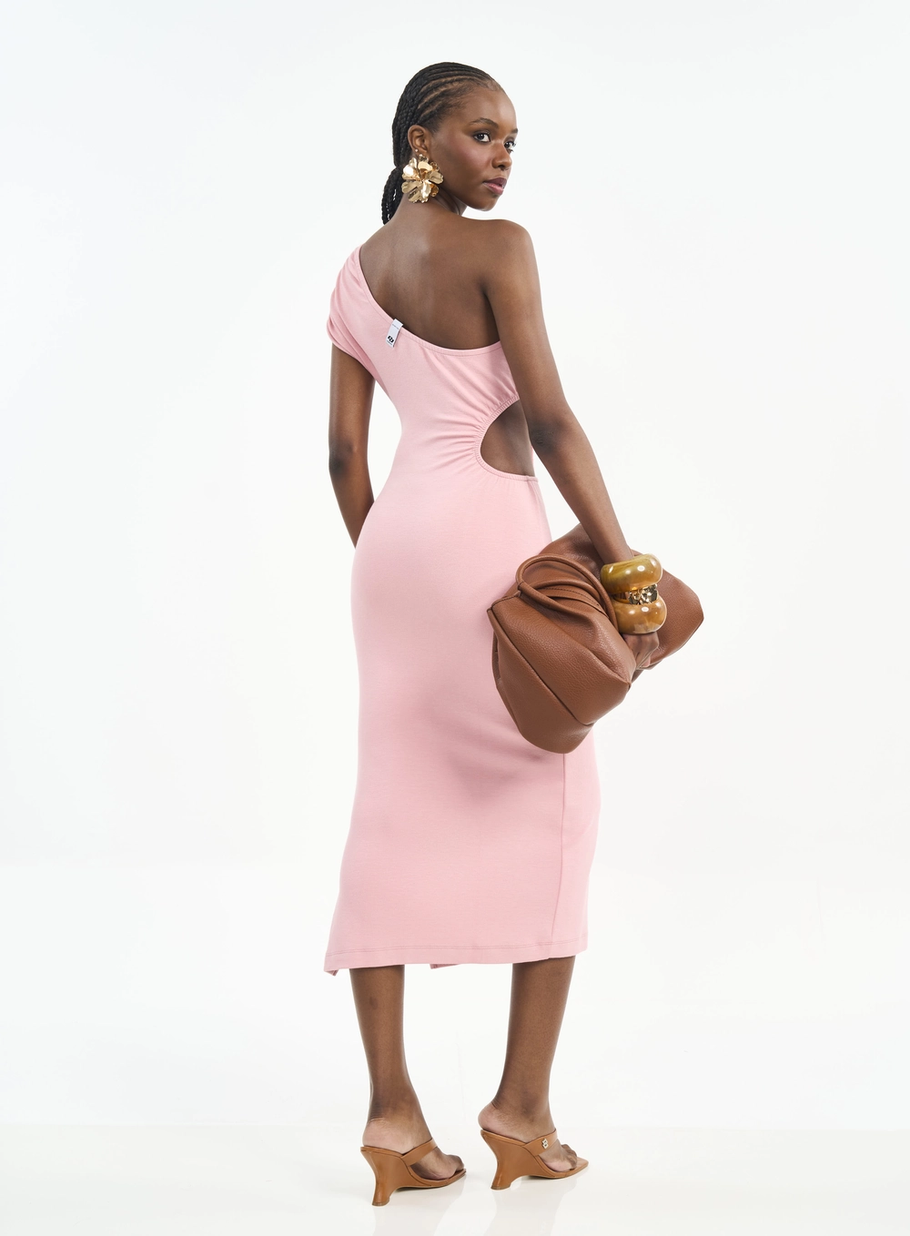 Vestido Midi De Um Ombro Só Com Recorte Rosa