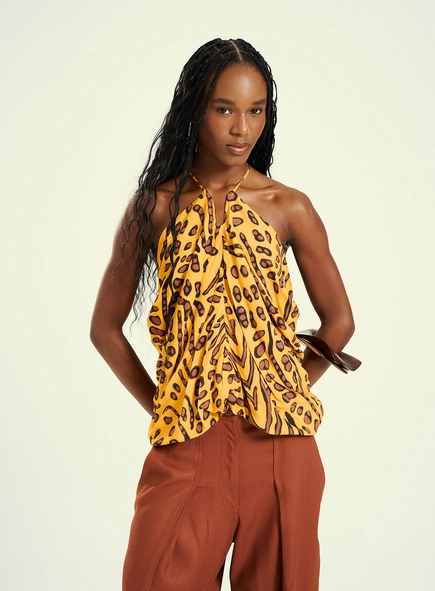 Blusa Feminina Estampada Franzida Com Amarração