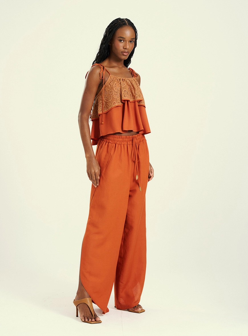 Blusa Feminina Com Renda E Alças De Amarração Marrom 4