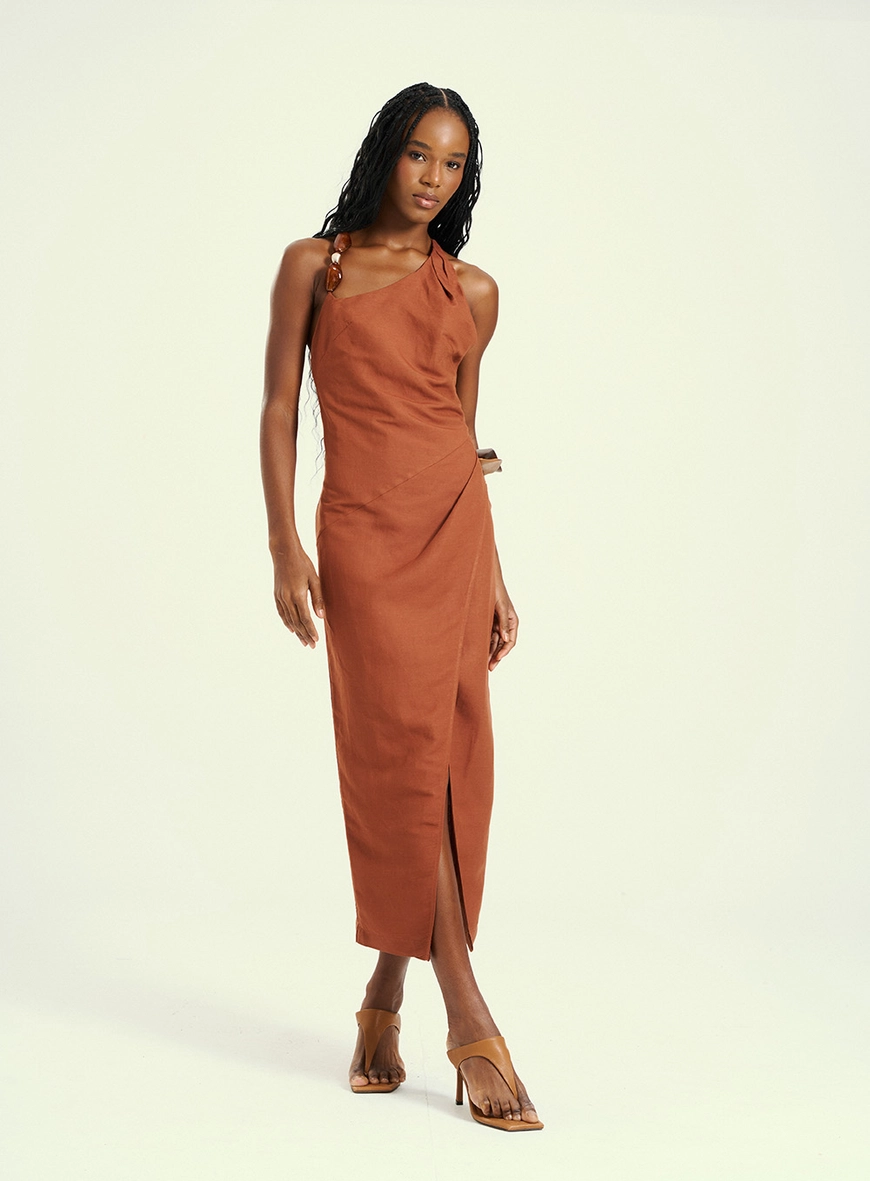 Vestido Feminino Midi Assimétrico De Um Ombro Só Marrom 1