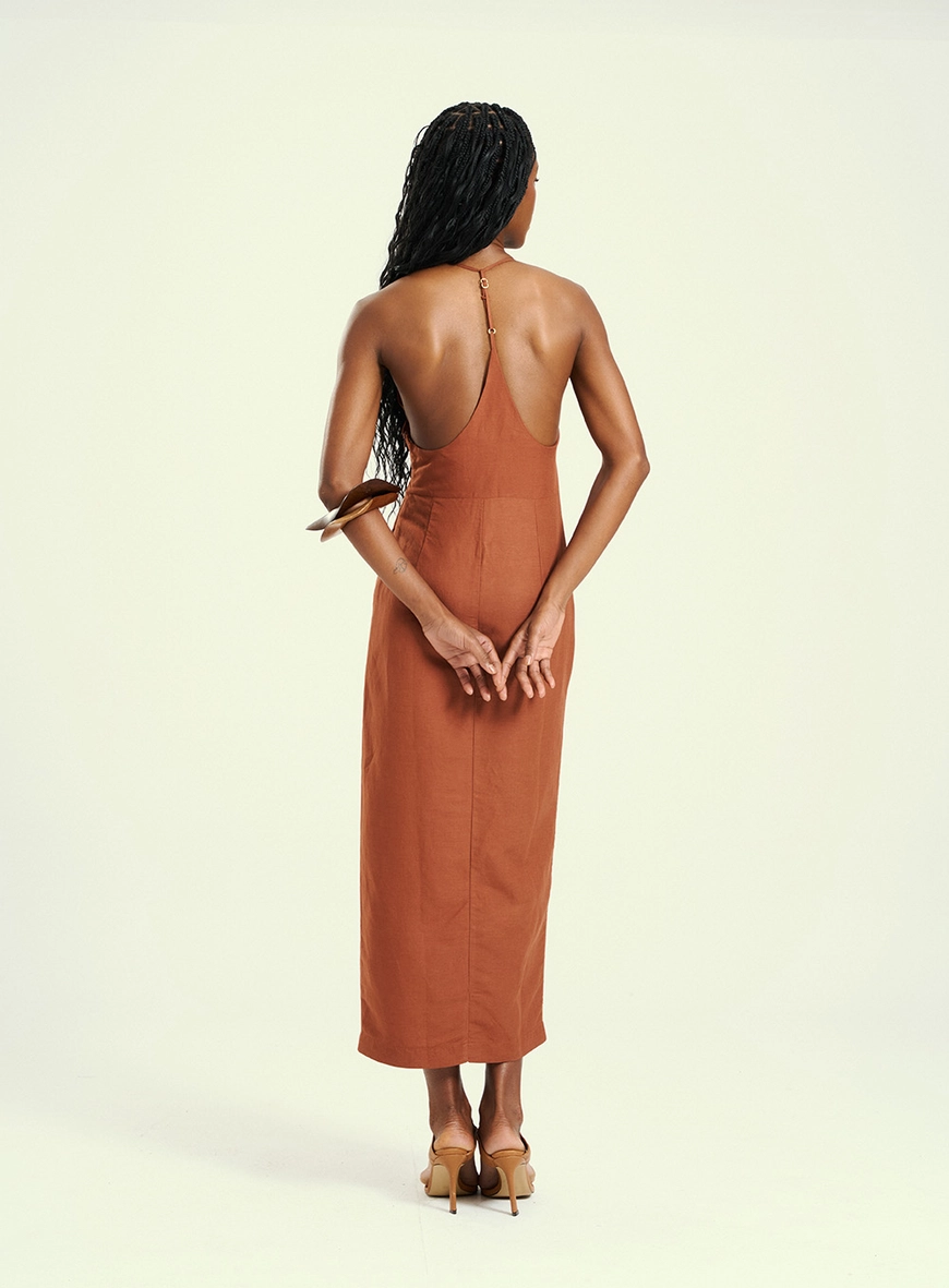 Vestido Feminino Midi Assimétrico De Um Ombro Só Marrom 3