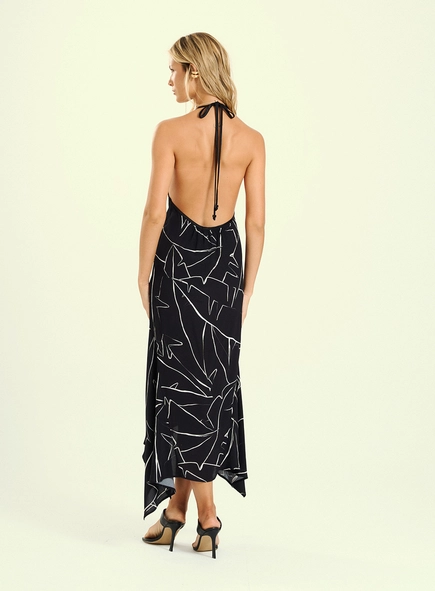 Vestido Feminino Midi Estampado Costas Abertas