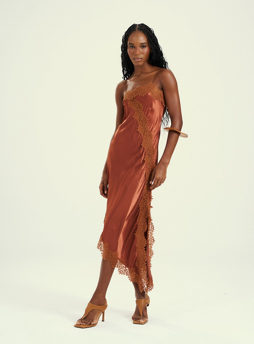 Vestido Feminino Midi Com Renda Marrom 1