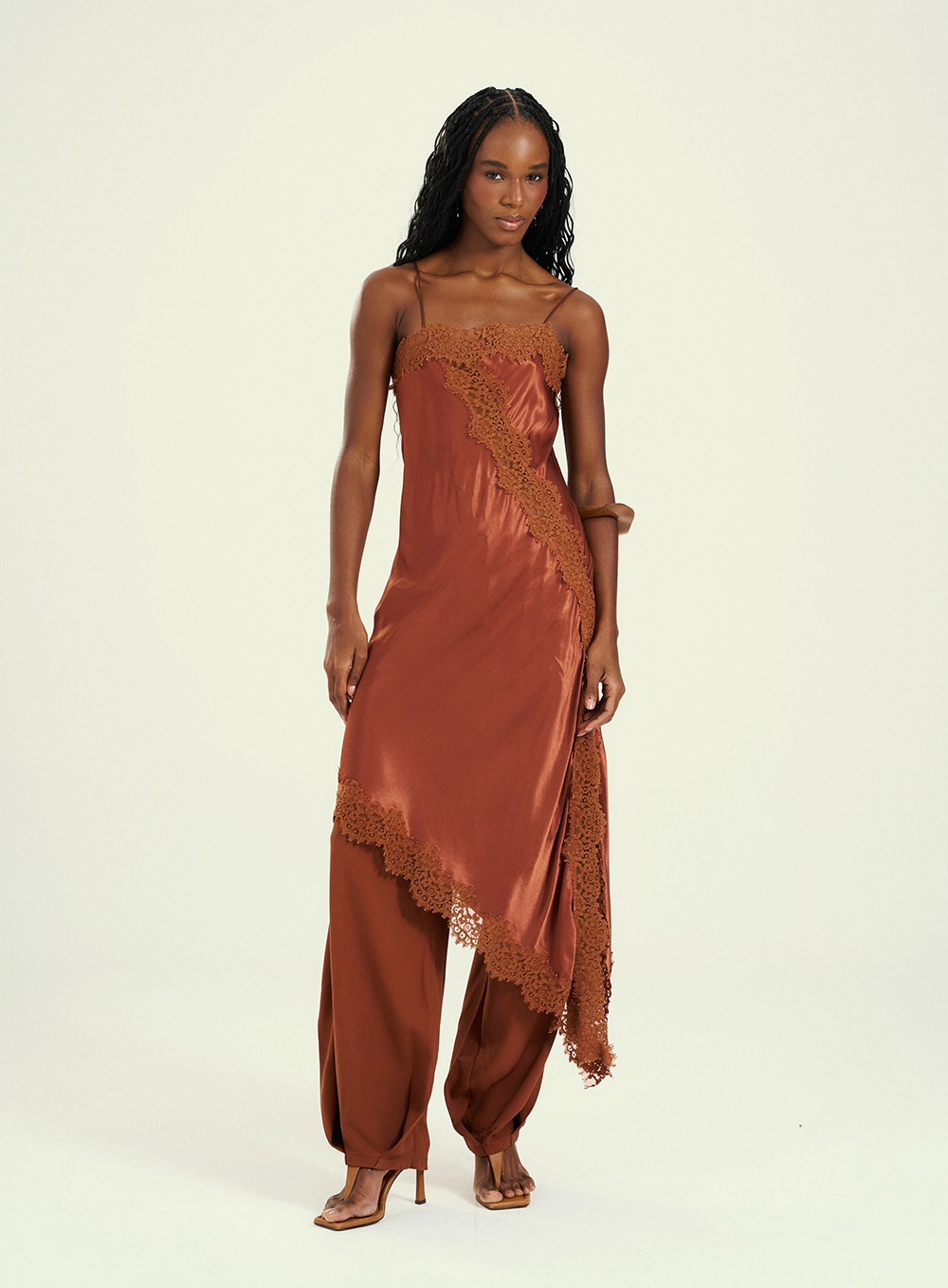 Vestido Feminino Midi Com Renda Marrom 5