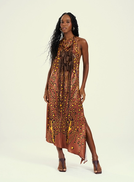 Vestido Estampado Midi Com Gola Degagê