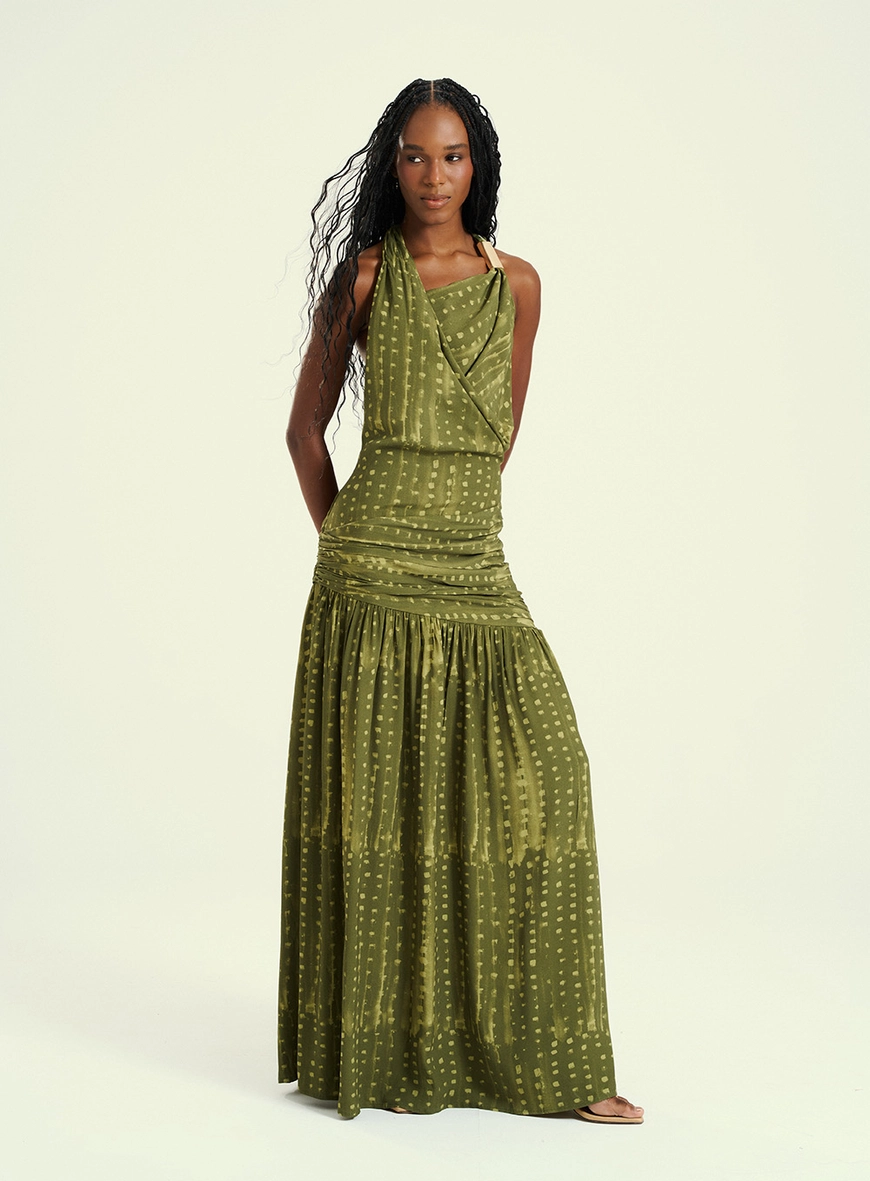 Vestido Feminino Longo Com Drepeados Estampados 5