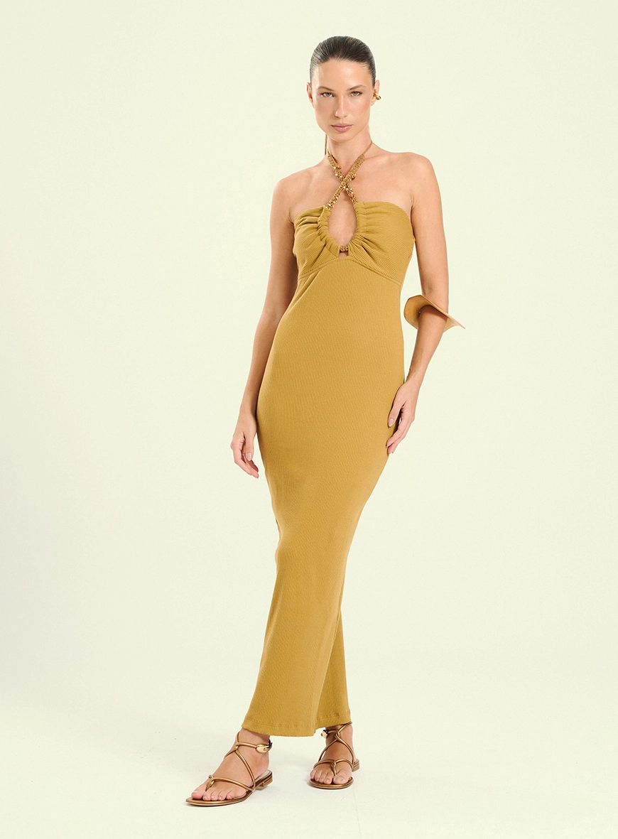 Vestido Feminino Longo Canelado Com Alça Bege 1