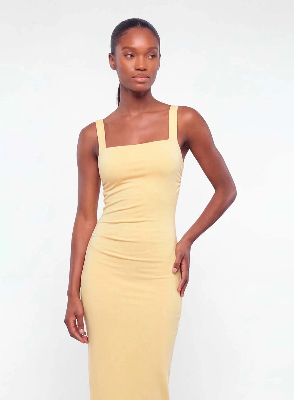 Vestido Midi Slim Com Pregas Amarelo 3