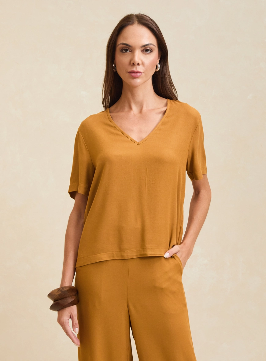 Camiseta Feminina Reta Decote V Marrom