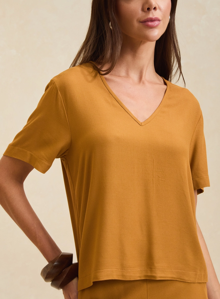 Camiseta Feminina Reta Decote V Marrom