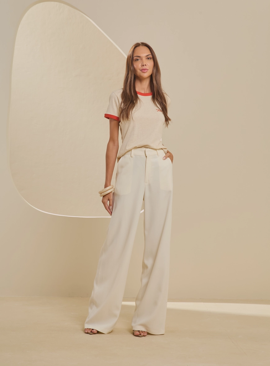 Camiseta Feminina Malha Com Contraste - Fran Bege