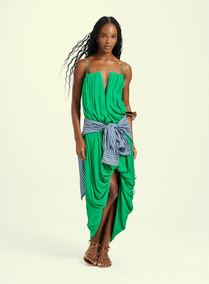 Vestido Feminino Longo Decote Em V Verde 5