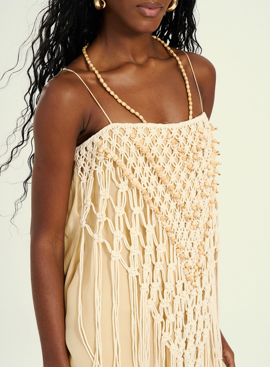 Vestido Feminino Curto Com Franjas Bege 3
