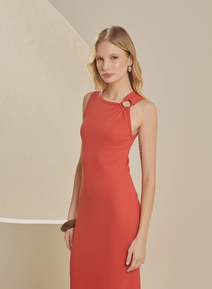 Vestido Midi Canelado Com Metal