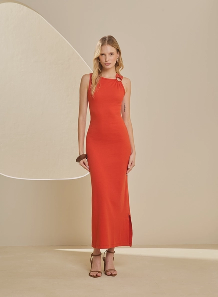 Vestido Midi Canelado Com Metal