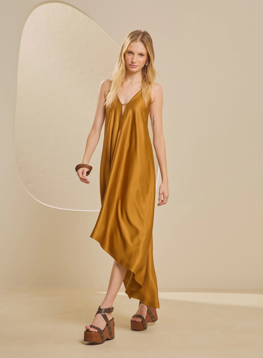Vestido Midi Assimétrico Acetinado Marrom