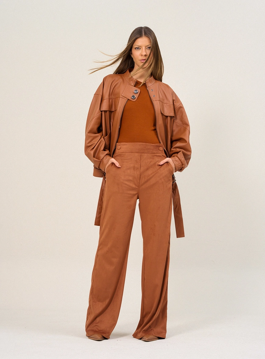 Calça Feminina Wide Leg Com Textura Marrom Zeus 4