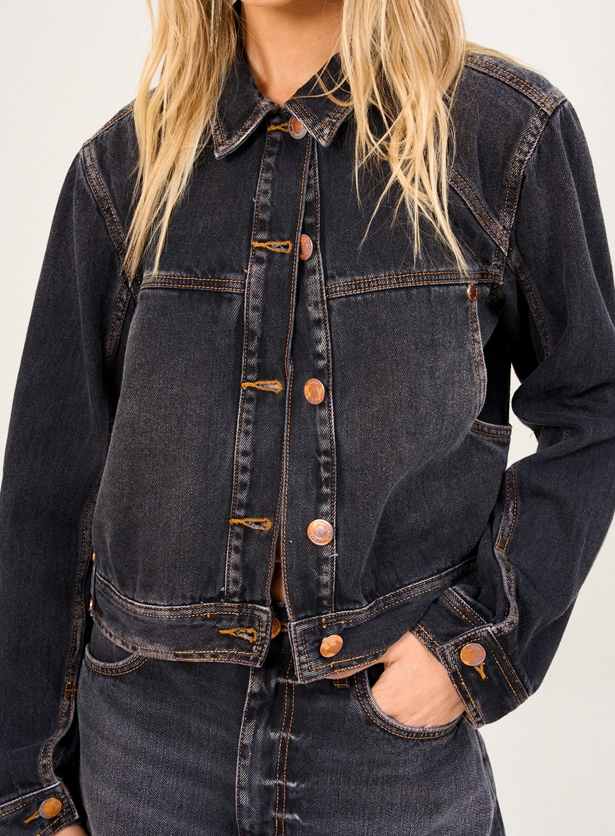 Jaqueta Jeans Curta Com Abotoamento Frontal Indigo Preto 3