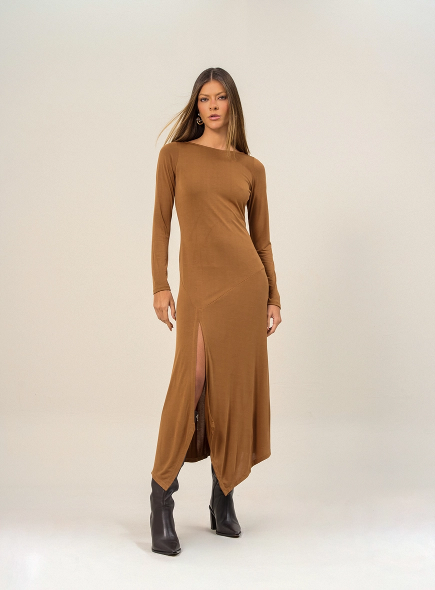 Vestido Midi Com Fenda Frontal Marrom 1