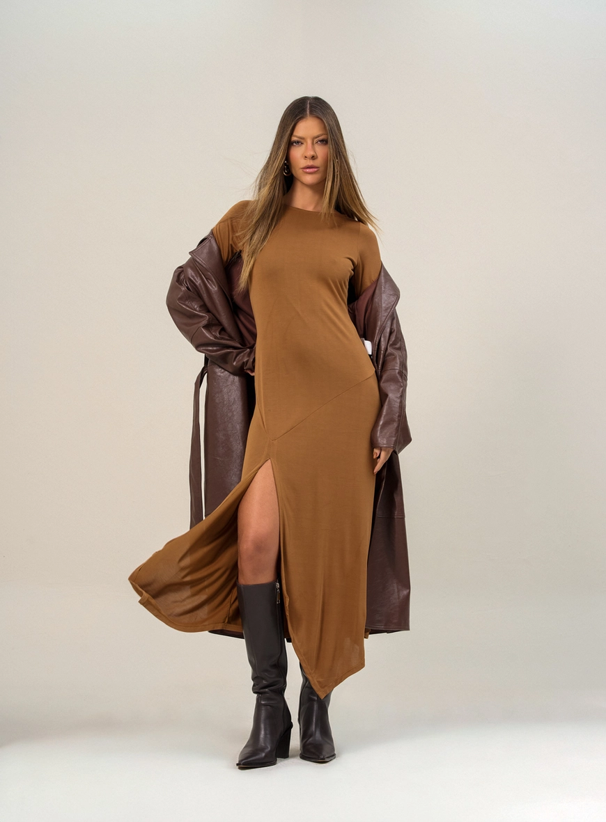 Vestido Midi Com Fenda Frontal Marrom 4